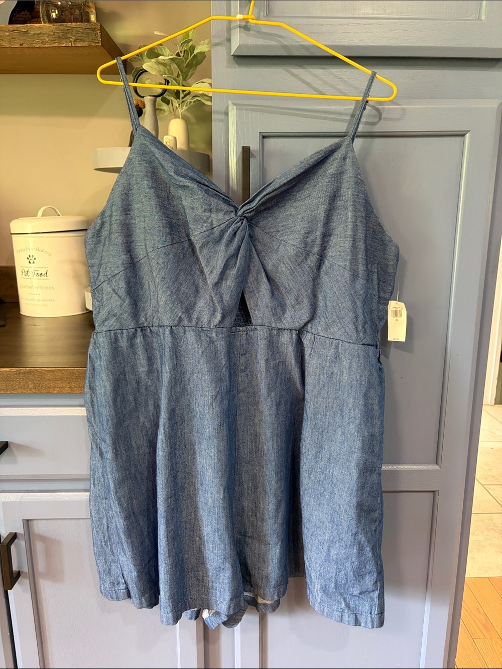 Old Navy chambray knot front spaghetti strap romper